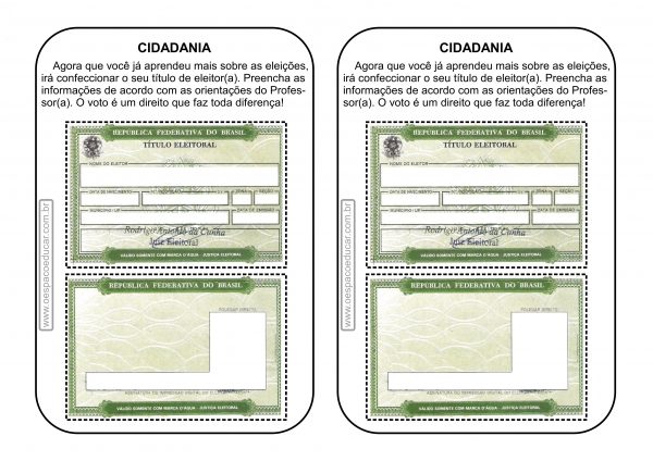 Cidadania: modelo de título de eleitor para trabalhar eleições!