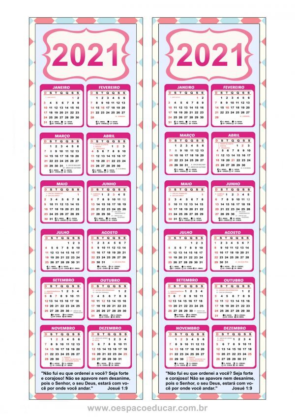 Calendários 2021 modelo marca páginas para imprimir!