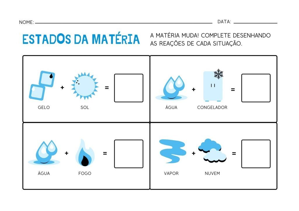 Atividade Escolar Imprimível Azul de Estados da Matéria para Imprimir