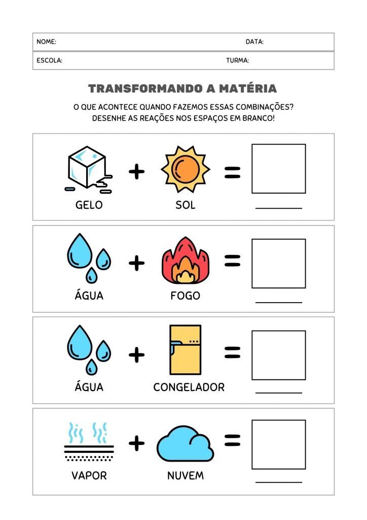 Atividade Escolar Imprimível Colorida de Estados da Matéria para Imprimir