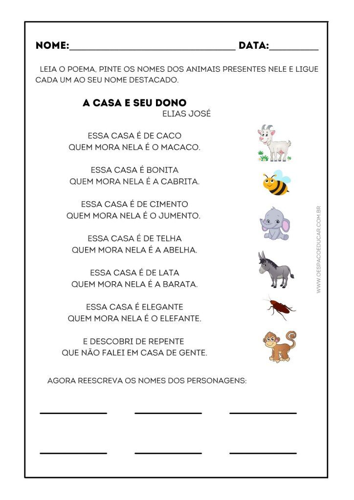 Alfabetização: atividades "A casa e seu dono"