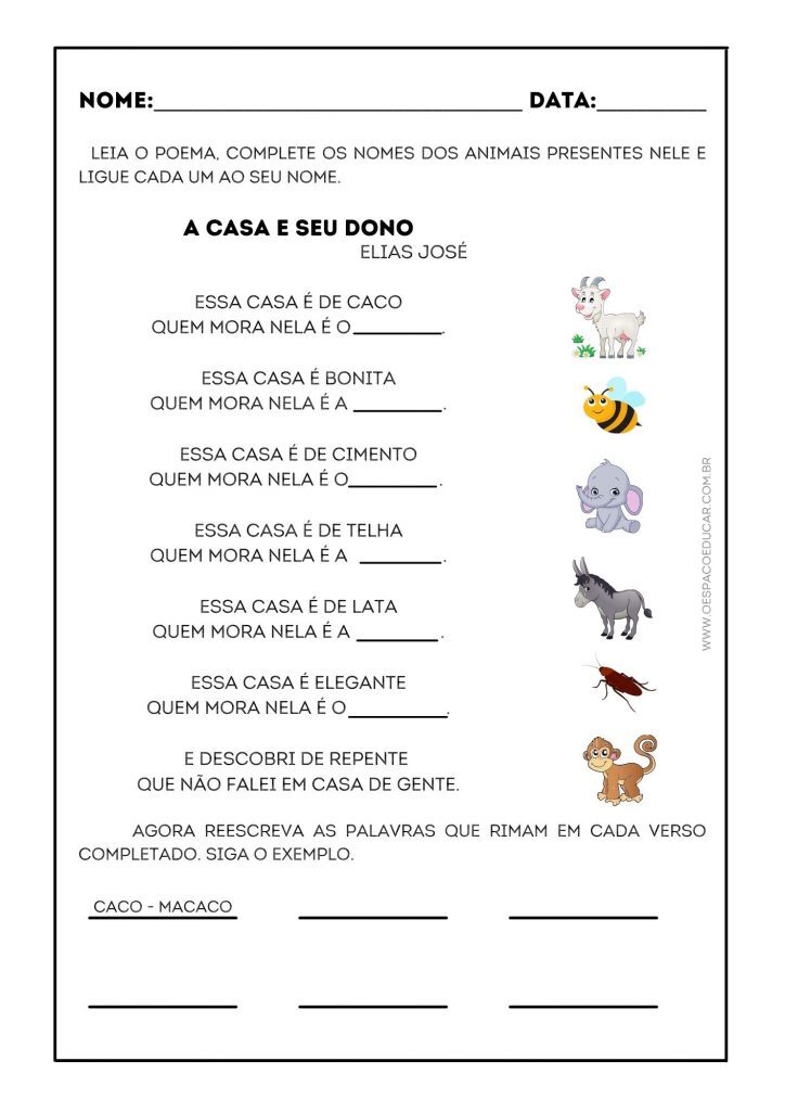 Alfabetização: atividades "A casa e seu dono"