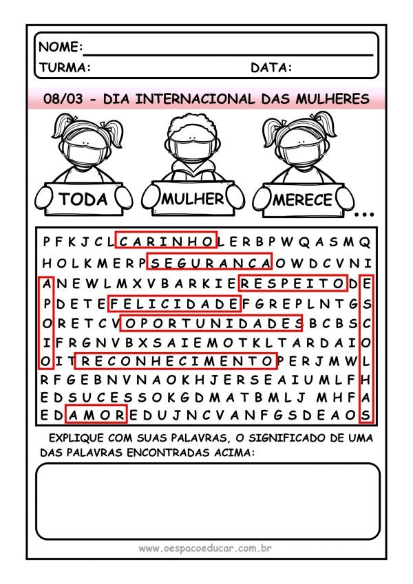 Dia das mulheres: caça palavras “Toda mulher merece…”
