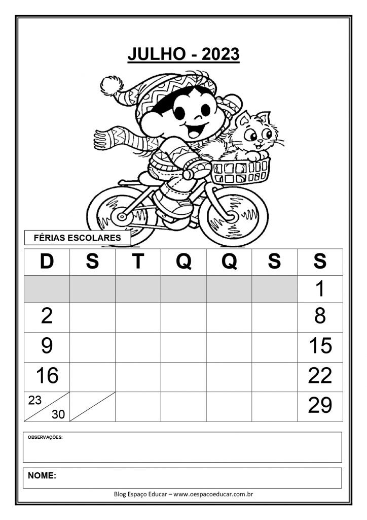 CALENDÁRIOS 2023 TURMA DA MÔNICA VERSAO SEM OS DIAS