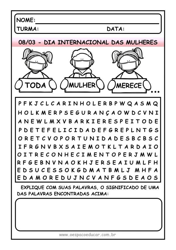 Dia das mulheres: caça palavras “Toda mulher merece…”