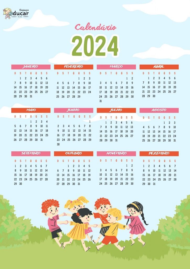 Calendário A4 Anual 2024 Colorido Crianças Brincando Azul e Verde