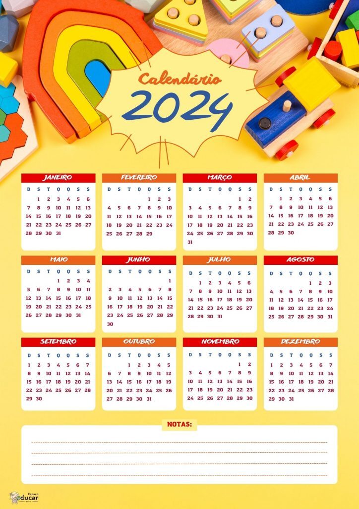 Calendário A4 Anual 2024 Colorido Infantil Amarelo