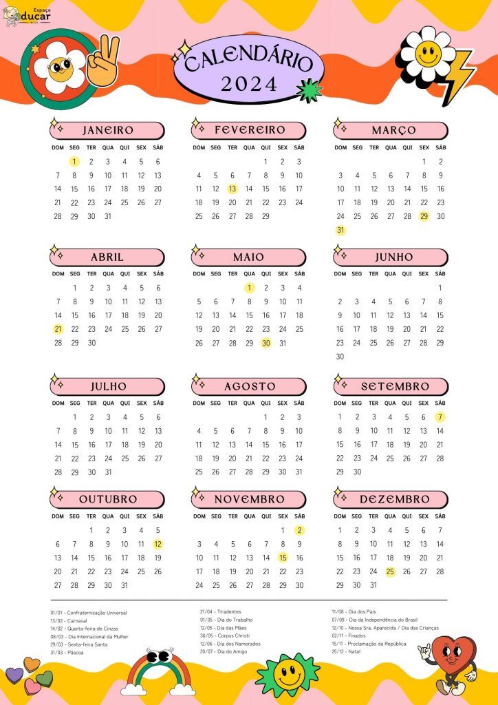 Calendário A4 retrô colorido