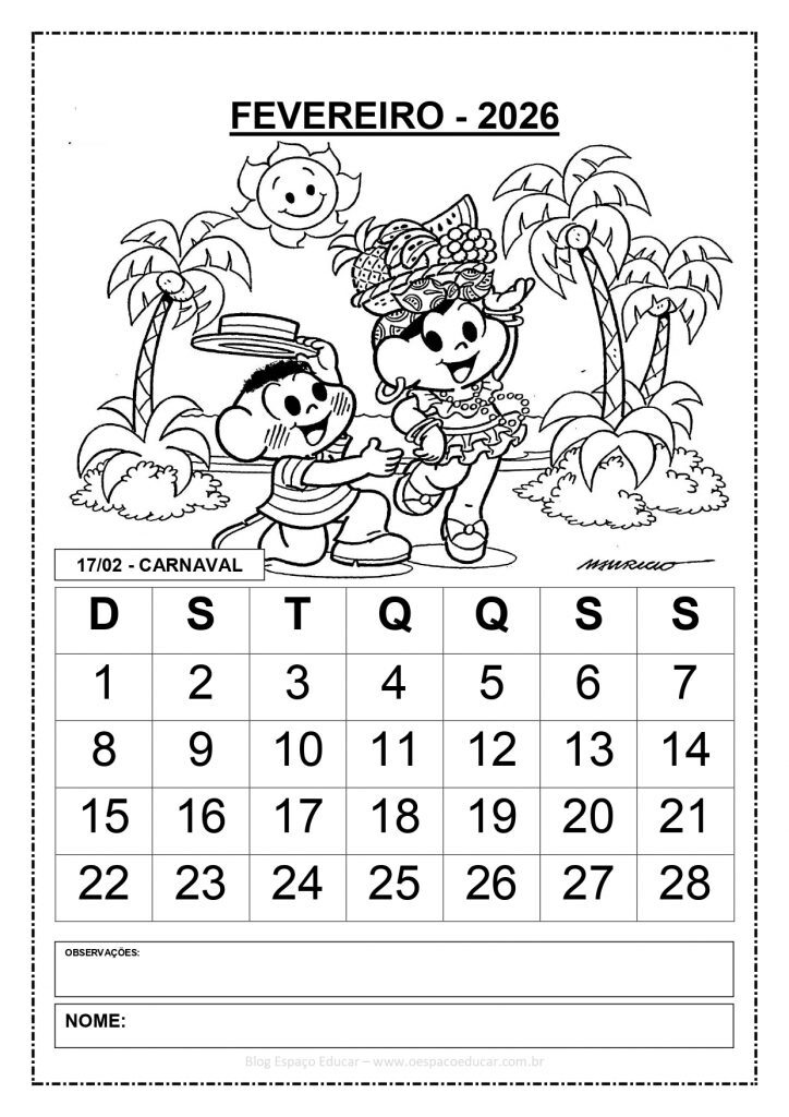 CALENDÁRIOS 2026 TURMA DA MÔNICA 1 PREENCHIDOS