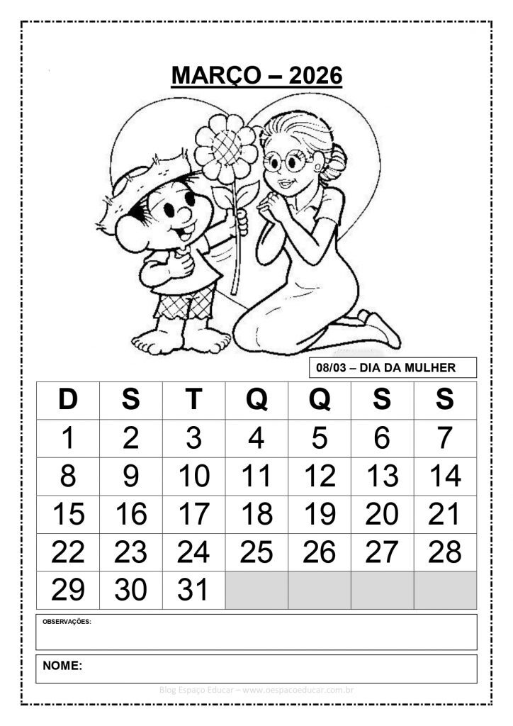 CALENDÁRIOS 2026 TURMA DA MÔNICA 1 PREENCHIDOS