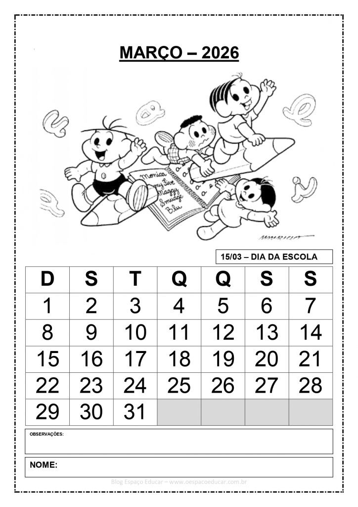 CALENDÁRIOS 2026 TURMA DA MÔNICA 1 PREENCHIDOS