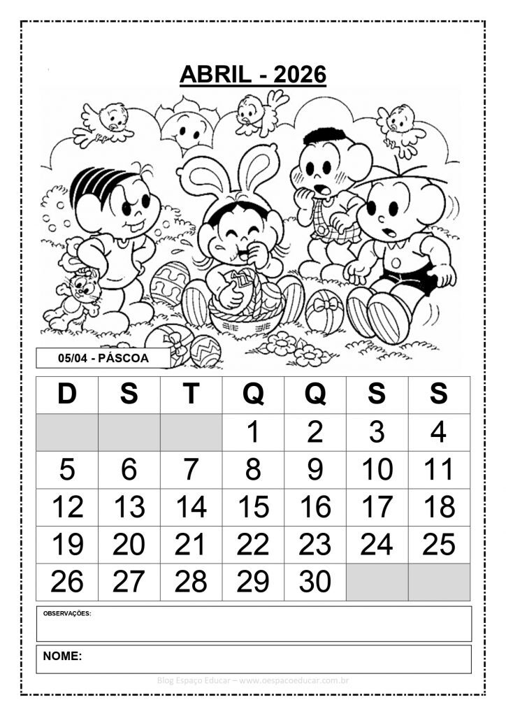 CALENDÁRIOS 2026 TURMA DA MÔNICA 1 PREENCHIDOS