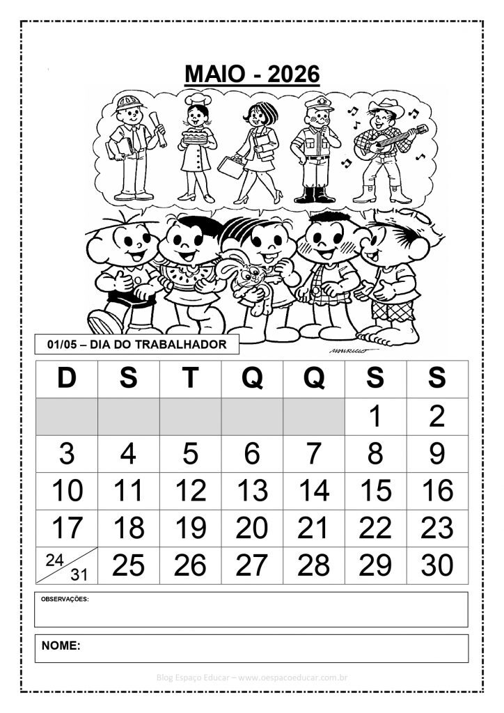 CALENDÁRIOS 2026 TURMA DA MÔNICA 1 PREENCHIDOS