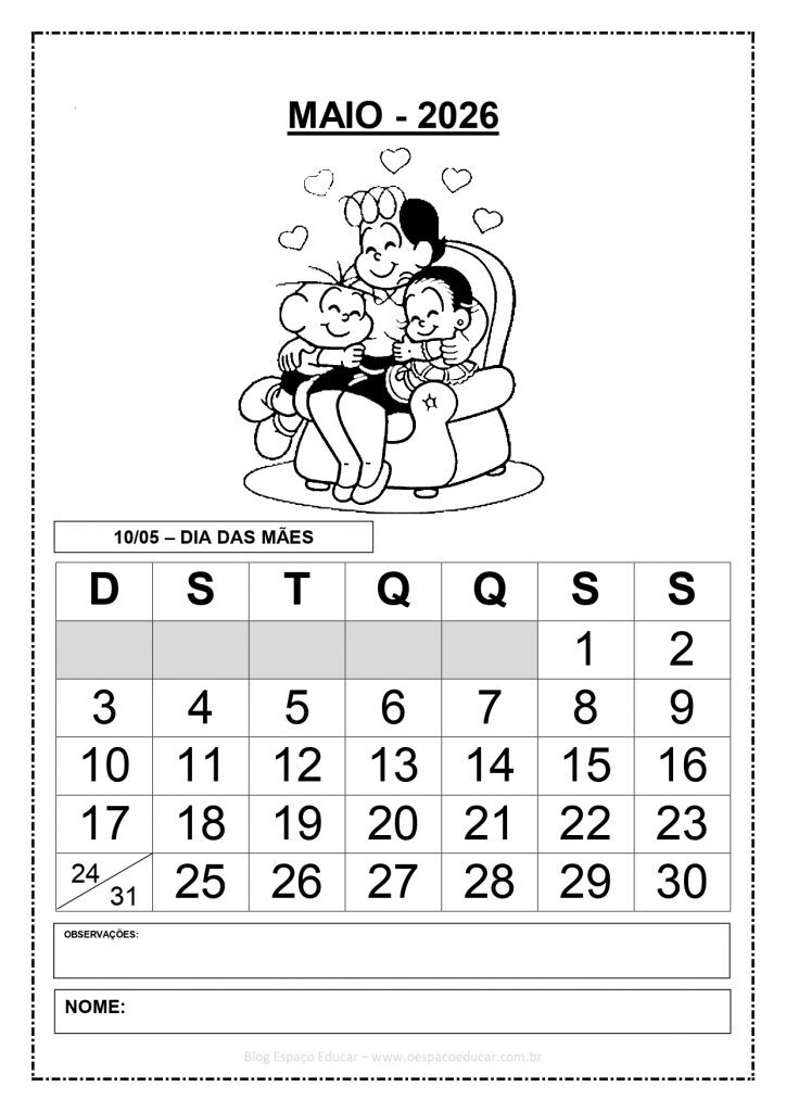 CALENDÁRIOS 2026 TURMA DA MÔNICA 1 PREENCHIDOS