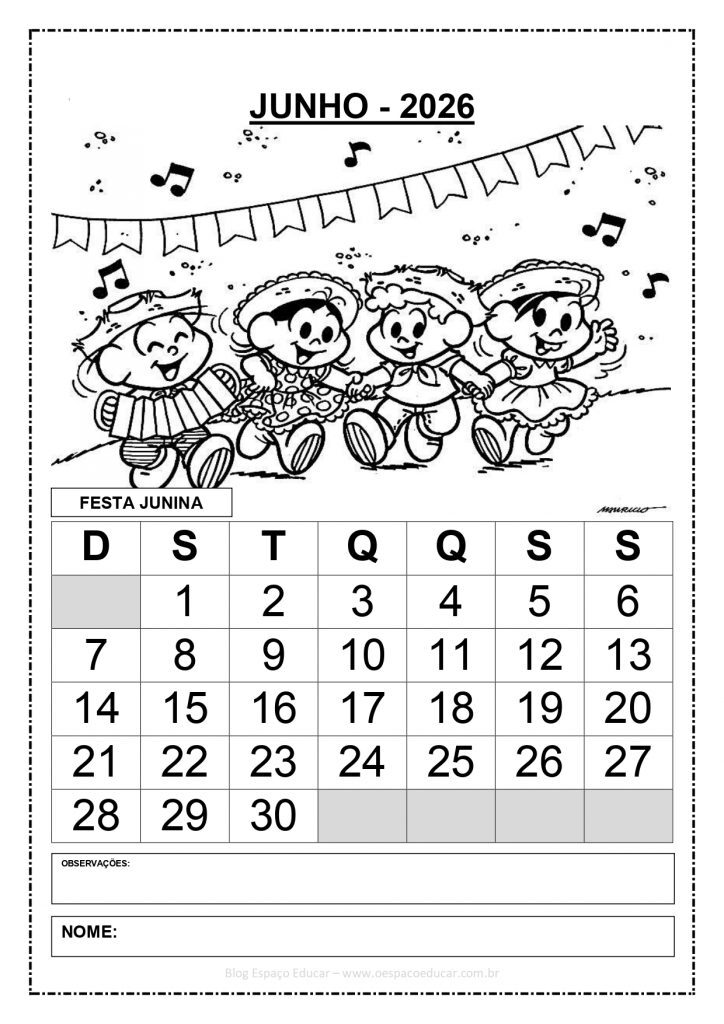 CALENDÁRIOS 2026 TURMA DA MÔNICA 1 PREENCHIDOS