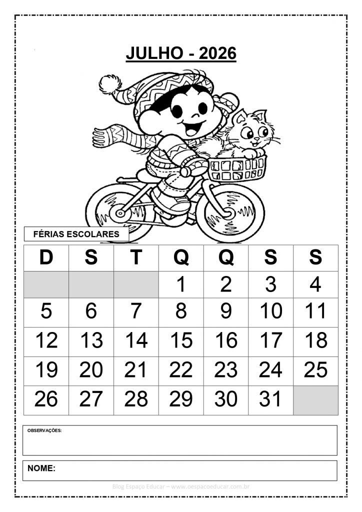 CALENDÁRIOS 2026 TURMA DA MÔNICA 1 PREENCHIDOS
