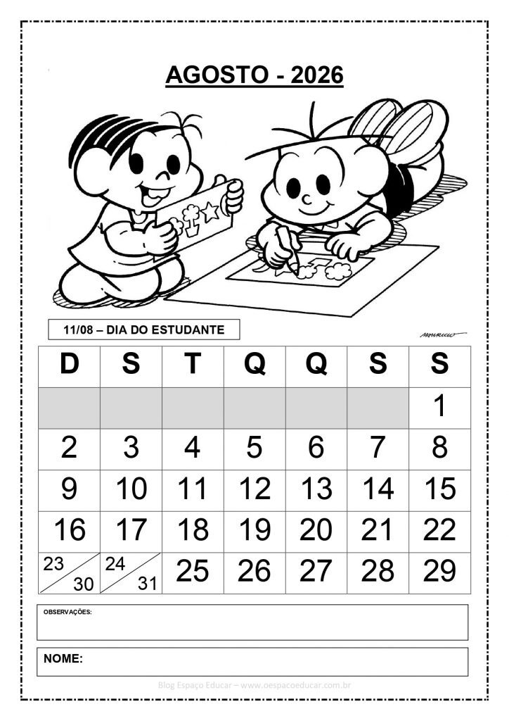 CALENDÁRIOS 2026 TURMA DA MÔNICA 1 PREENCHIDOS