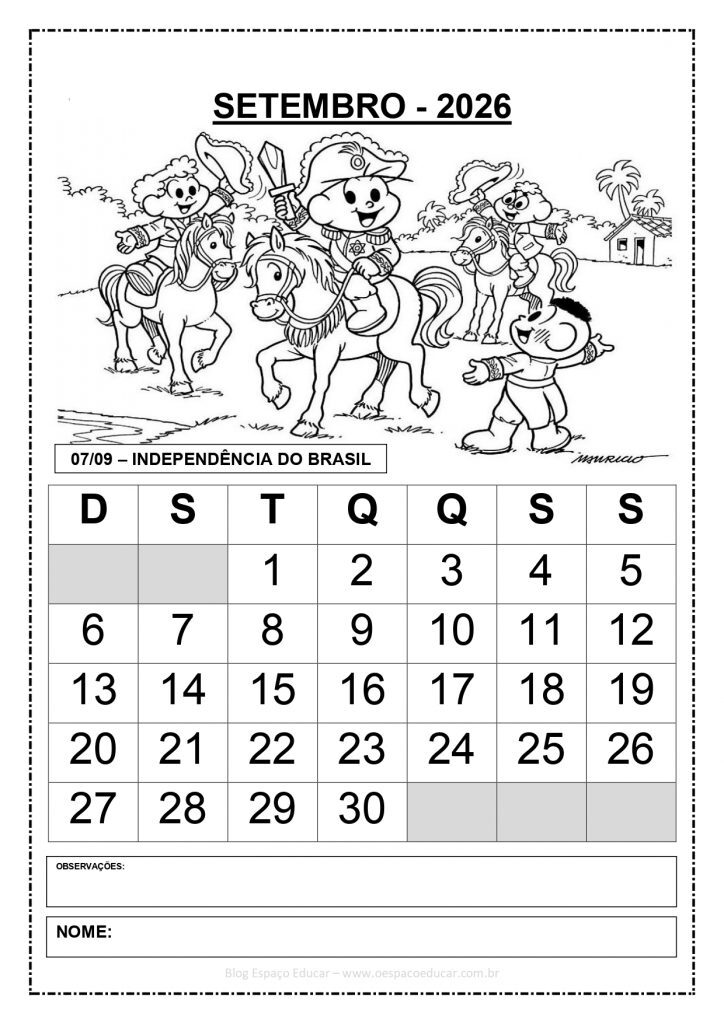 CALENDÁRIOS 2026 TURMA DA MÔNICA 1 PREENCHIDOS