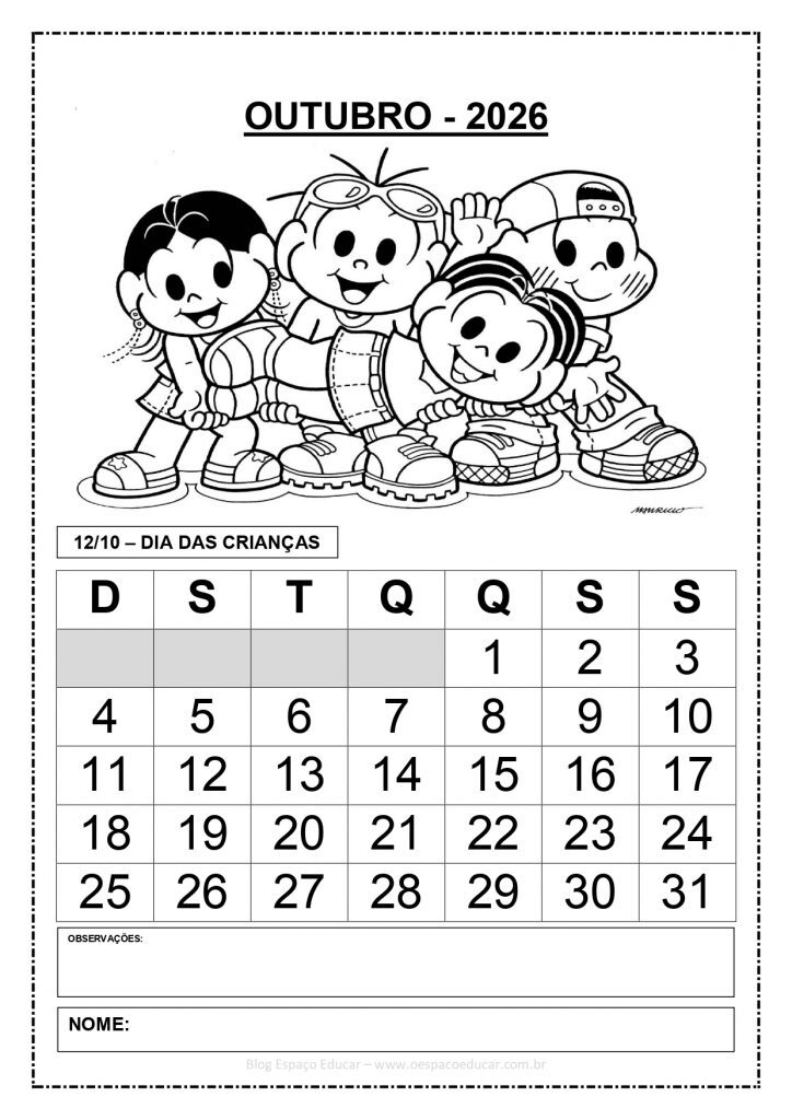 CALENDÁRIOS 2026 TURMA DA MÔNICA 1 PREENCHIDOS