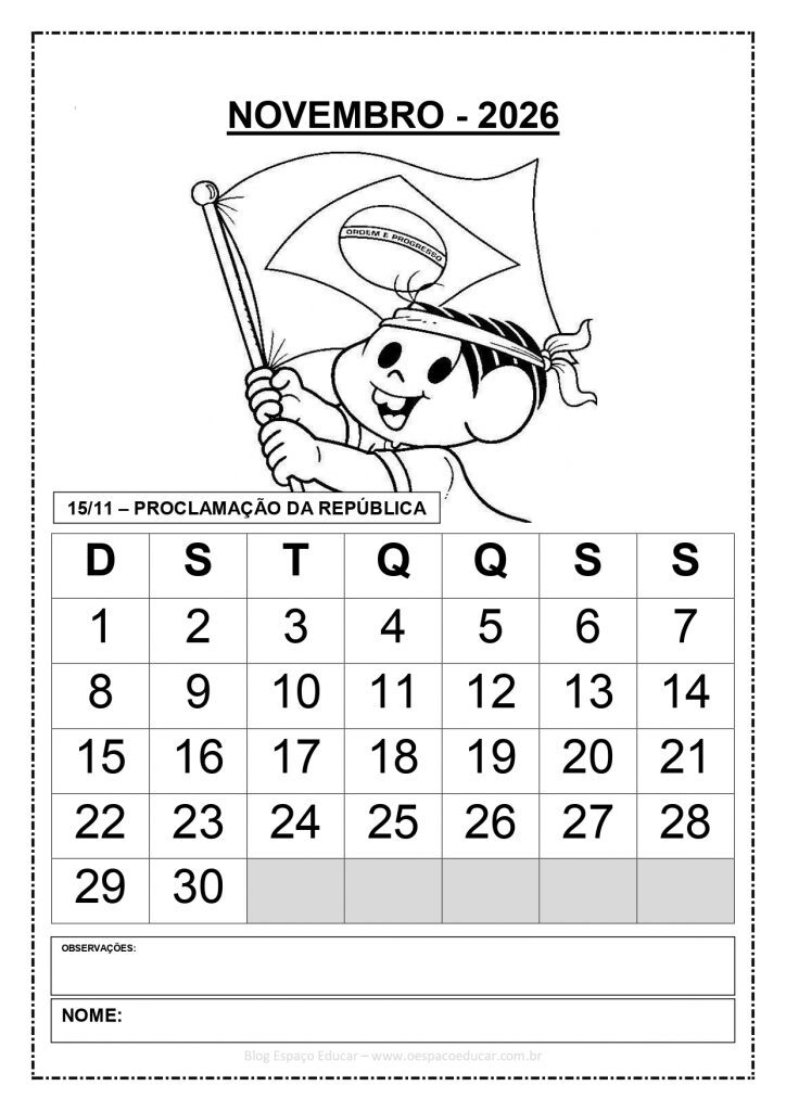 CALENDÁRIOS 2026 TURMA DA MÔNICA 1 PREENCHIDOS