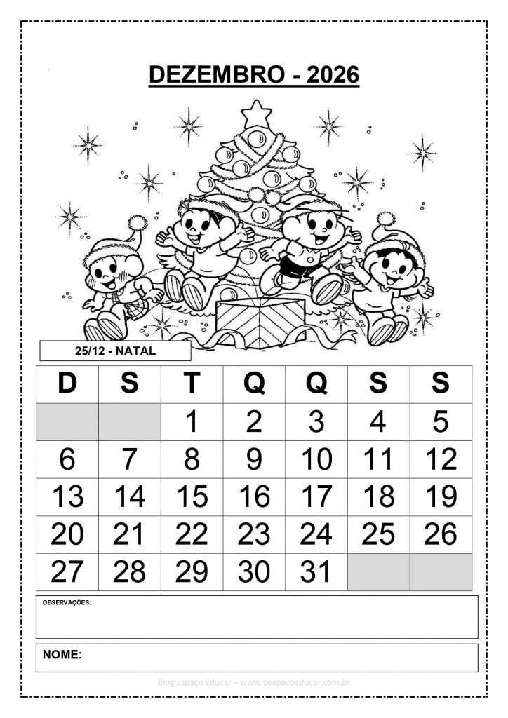 CALENDÁRIOS 2026 TURMA DA MÔNICA 1 PREENCHIDOS
