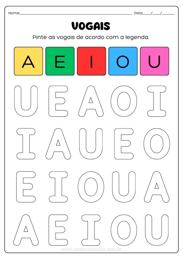 Folha de Atividade Reconhecimento de Vogais Lúdico e Educativo