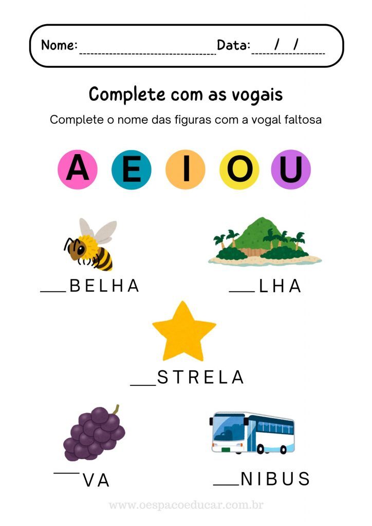 Folha de Atividades Alfabetização Vogais Simples Colorido