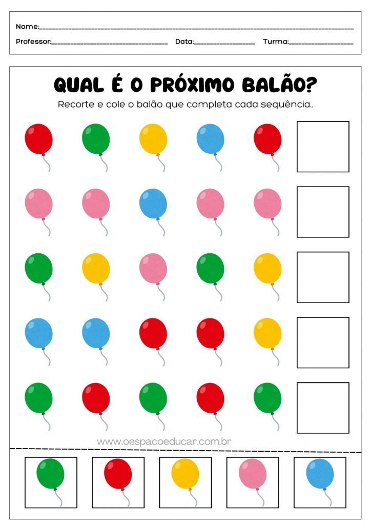 Folha de Atividade Sequência Lógica tema Balões Ludico Colorido
