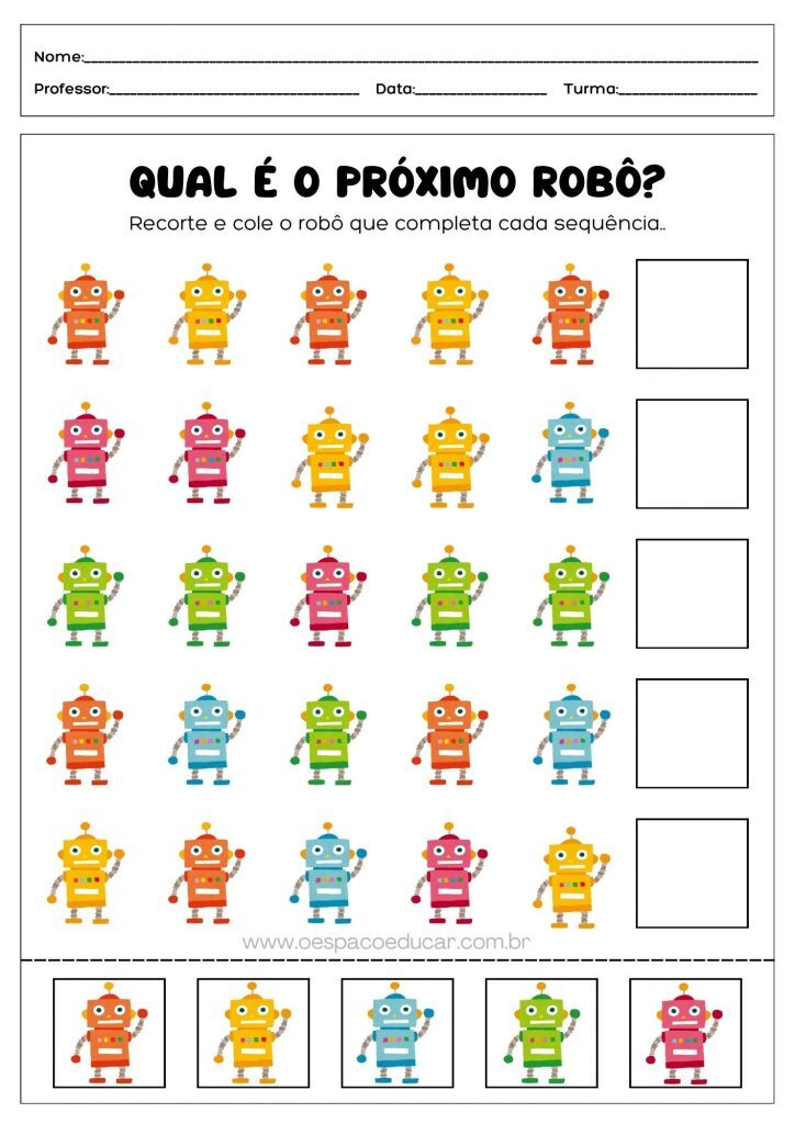 Sequência Lógica tema Robô Folha de Atividade Colorida Ilustrada