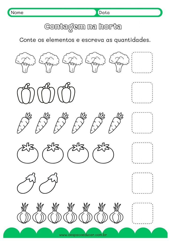 Contagem na horta Folha de atividades A4 Ilustrado Verde