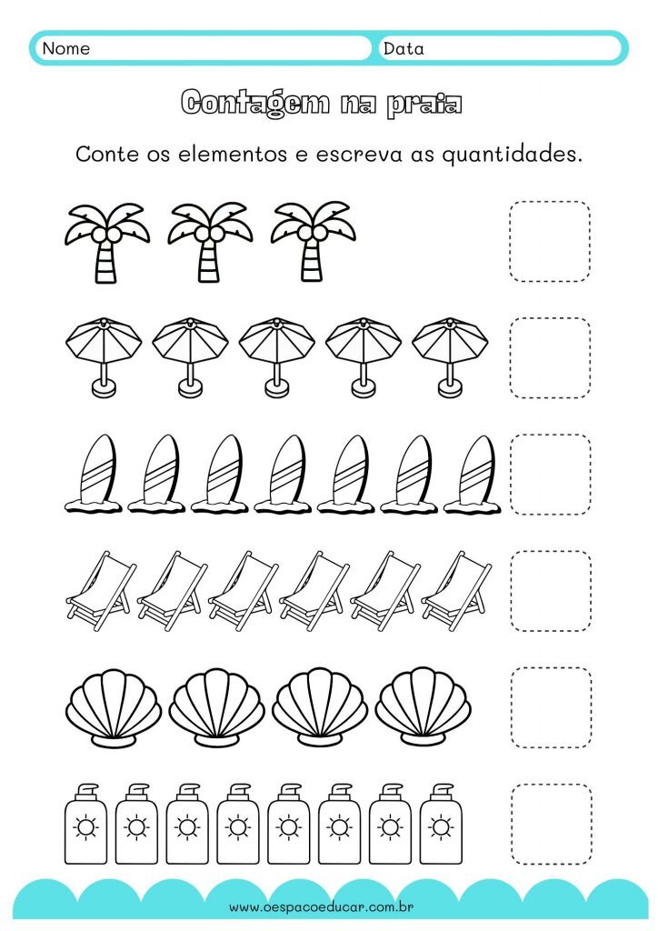 Contagem na praia Folha de atividades A4 Ilustrado Azul