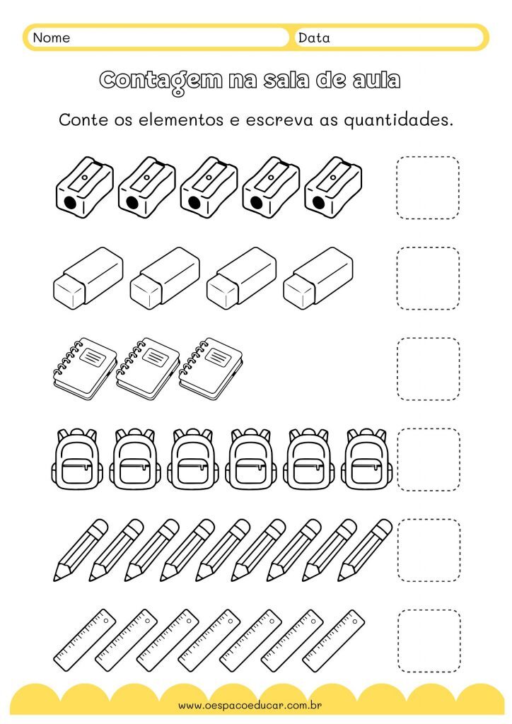 Contagem na sala de aula Folha de atividades A4 Ilustrado Amarelo