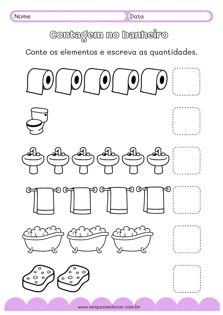 Contagem no banheiro Folha de atividades A4 Ilustrado Lilás