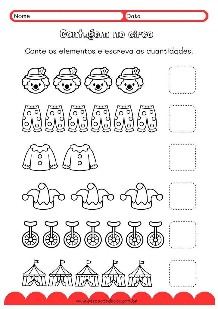 Contagem no circo Folha de atividades A4 Ilustrado Vermelho