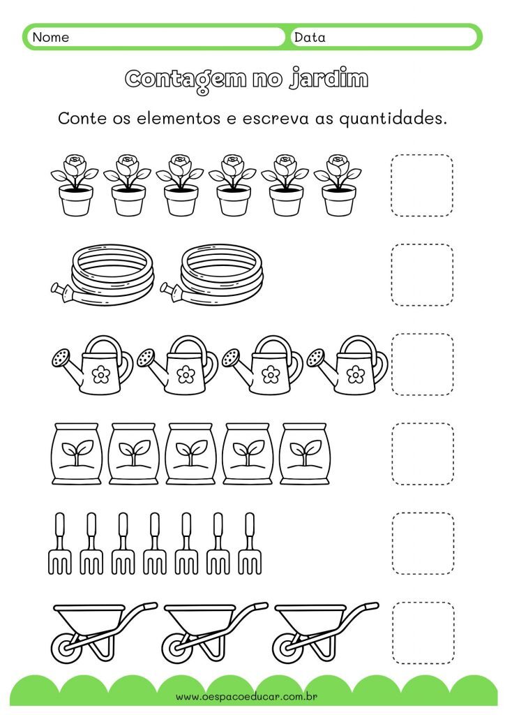 Contagem no jardim Folha de atividades A4 Ilustrado Verde