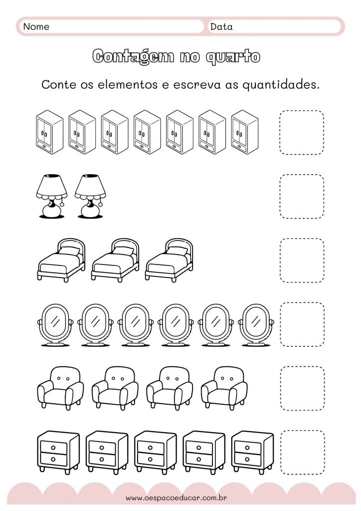 Contagem no quarto Folha de atividades A4 Ilustrado Vermelho claro