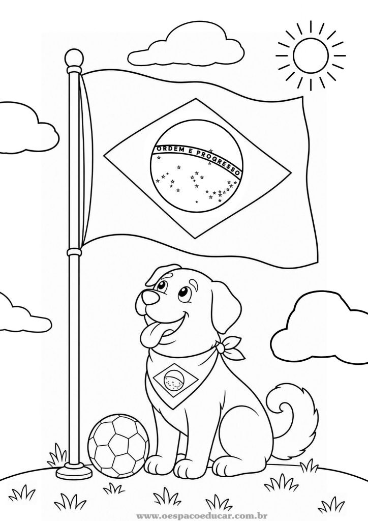 Desenho da Bandeira do Brasil e Cachorro para colorir no estilo simples e fofo