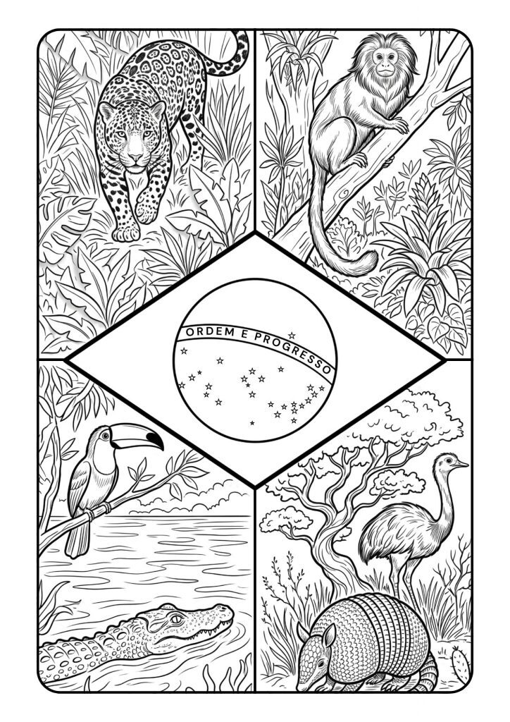 Desenho da Bandeira do Brasil para colorir no estilo ilustração detalhada