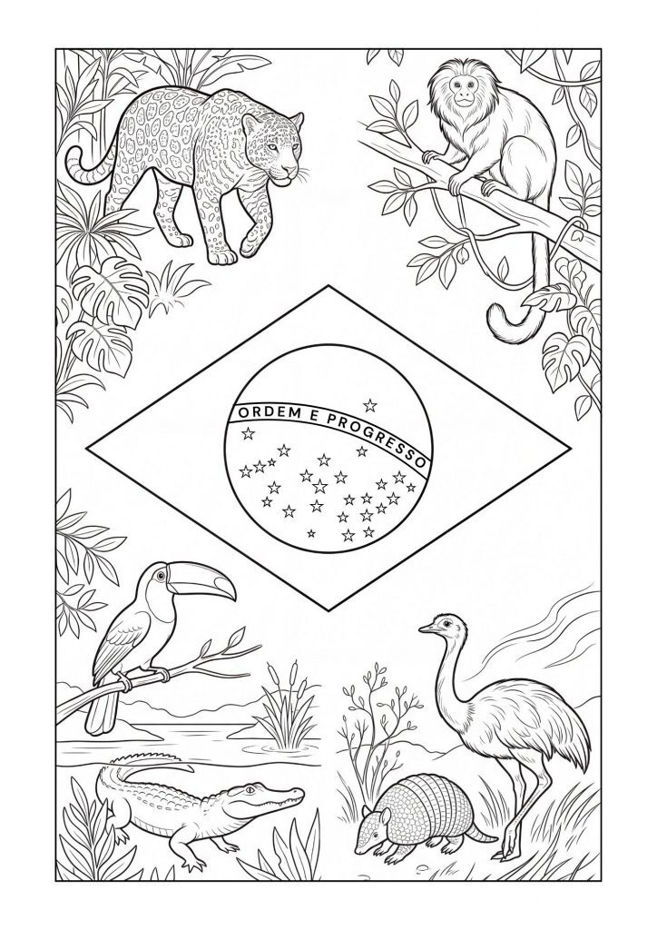 Desenho da Bandeira do Brasil para colorir no estilo ilustração detalhada