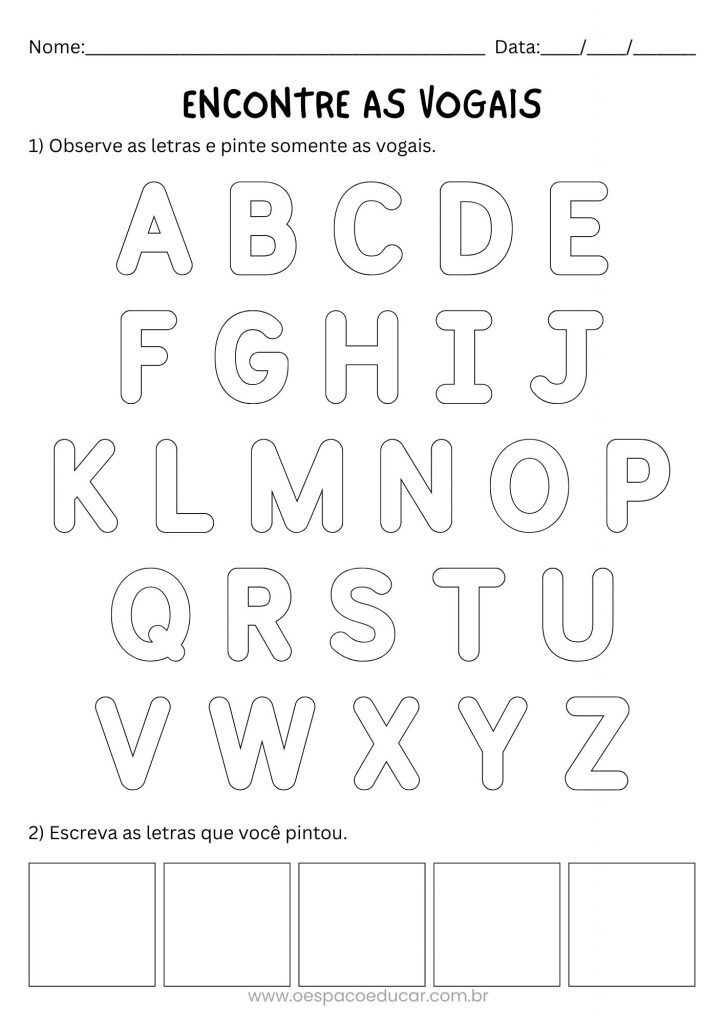 Folha de Atividade Alfabetização Encontre as Vogais Educativo Preto e Branco