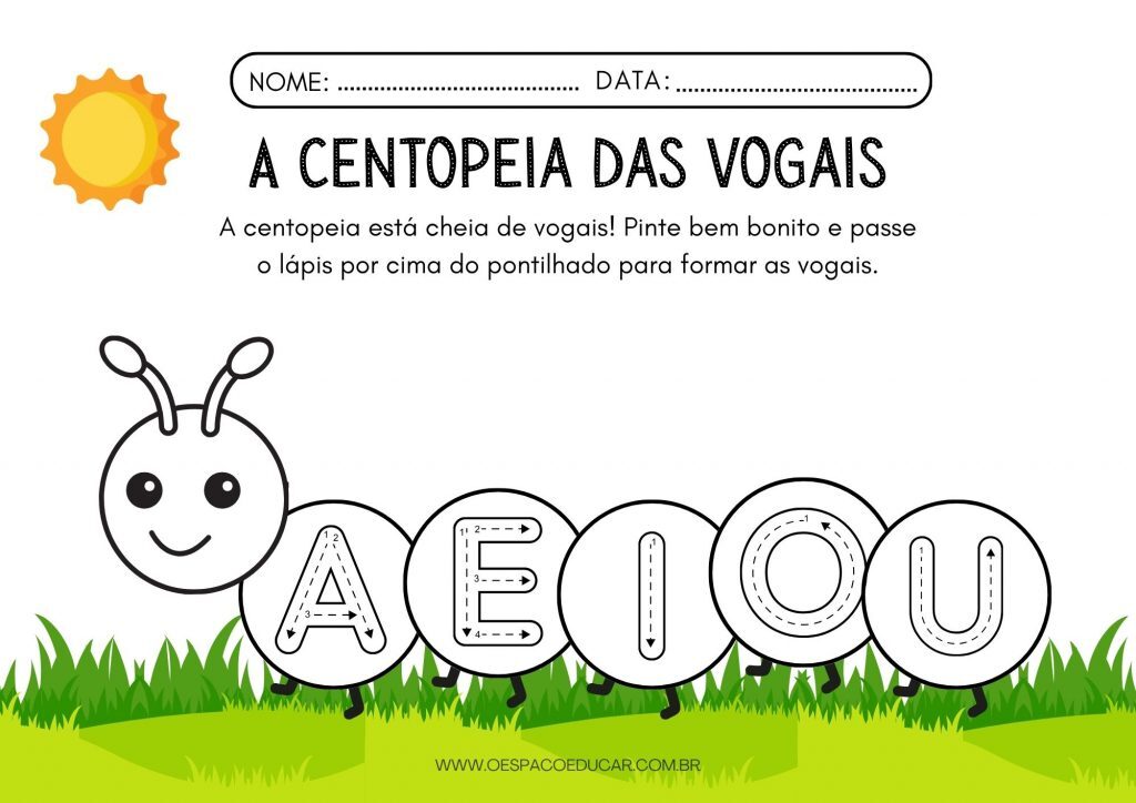 Folha de Atividade Alfabetização Vogais Colorido Minimalista