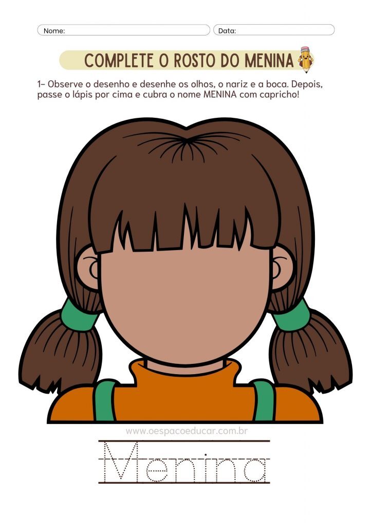 Folha de Atividade Complete o Rosto Infantil Marrom