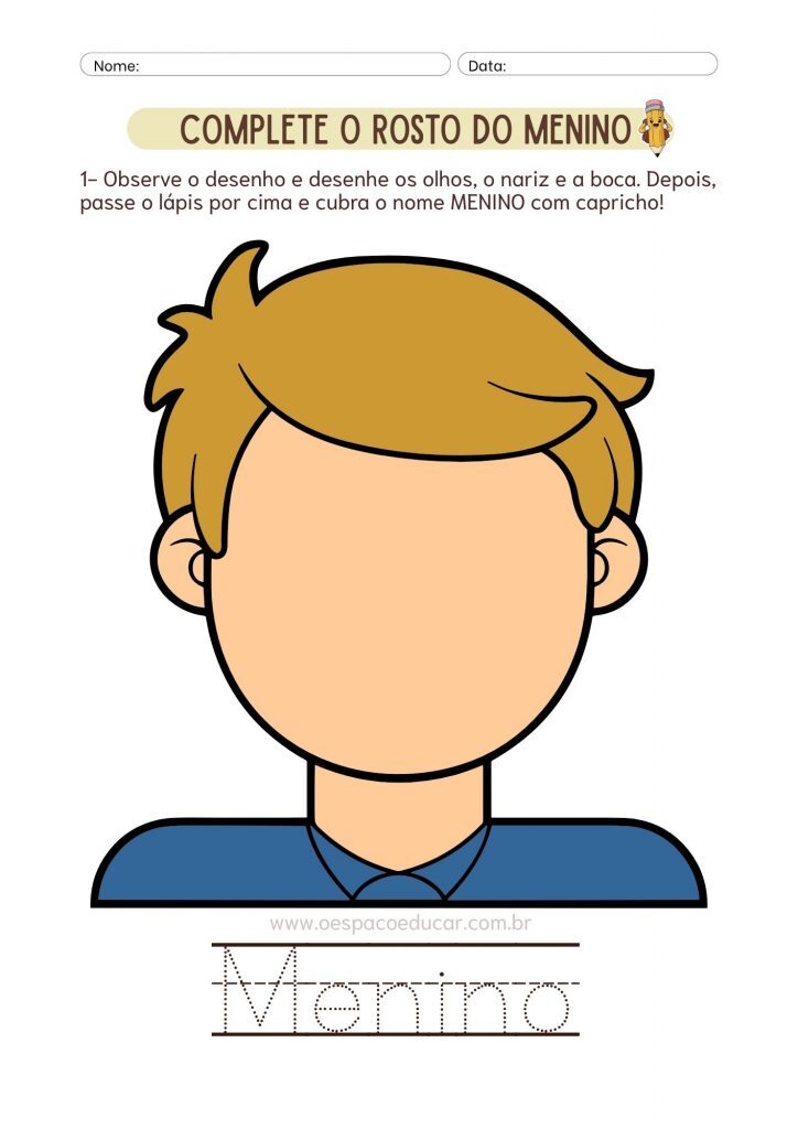 Folha de Atividade Complete o Rosto Infantil Marrom