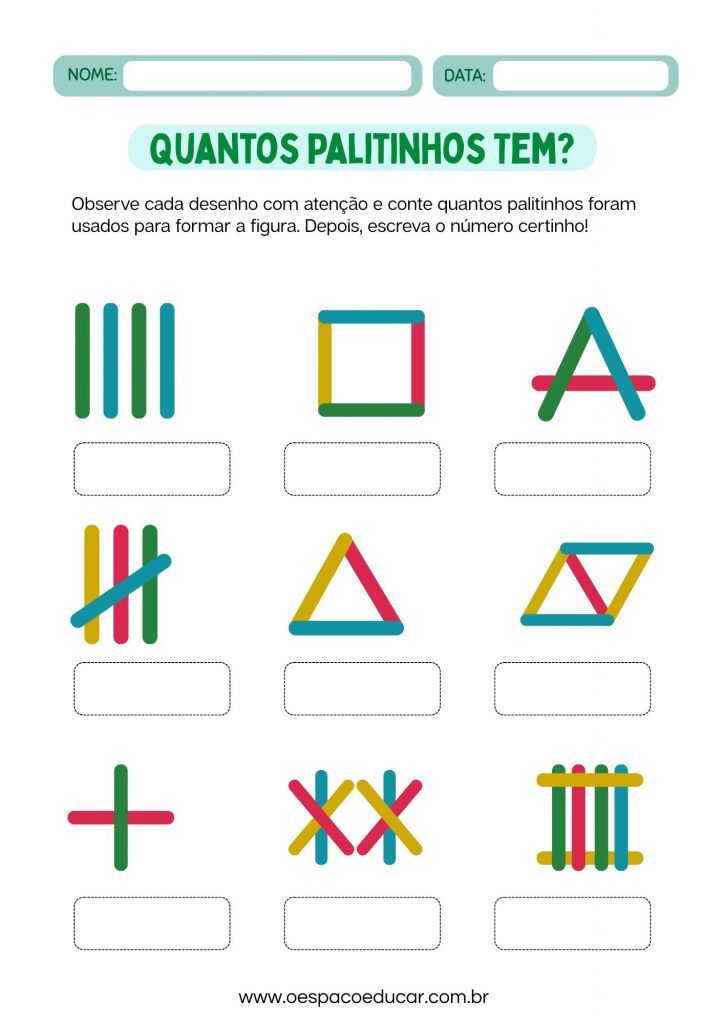 Folha de Atividade Contagem de Palitos Infantil Verde
