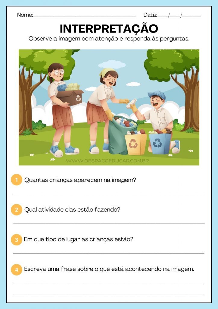 Folha de Atividade Interpretação de Imagem Crianças Reciclando Lúdico Azul