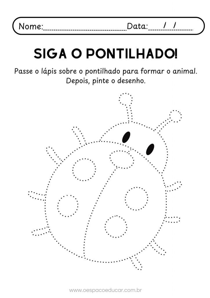 Folha de Atividade Joaninha Siga o Pontilhado Minimalista Preto e Branco