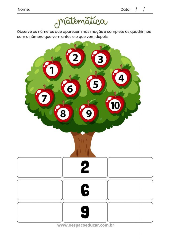 Folha de Atividade Matemática Números Vizinhos Lúdico Verde