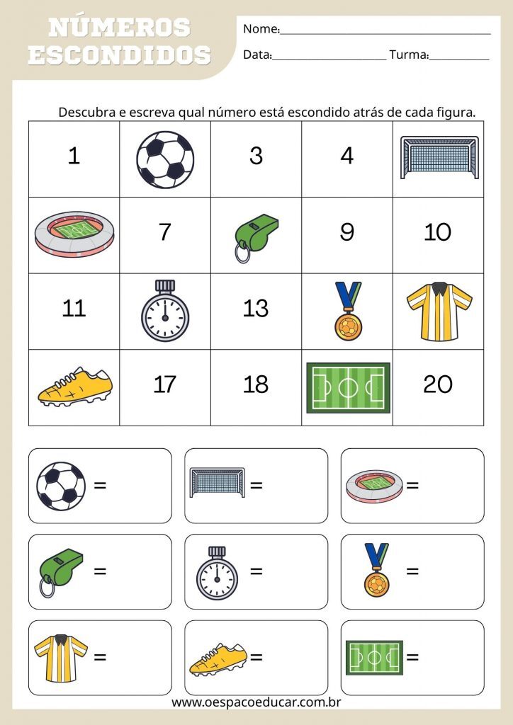 Folha de Atividade Números Escondidos 1 20 tema Campeonato de Futebol Lúdico Ilustrado