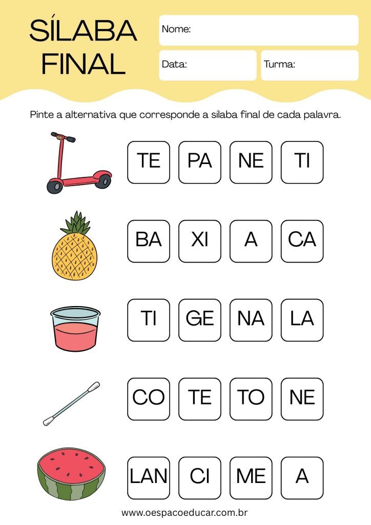 Folha de Atividade Sílaba Final Português Lúdico Ilustrado