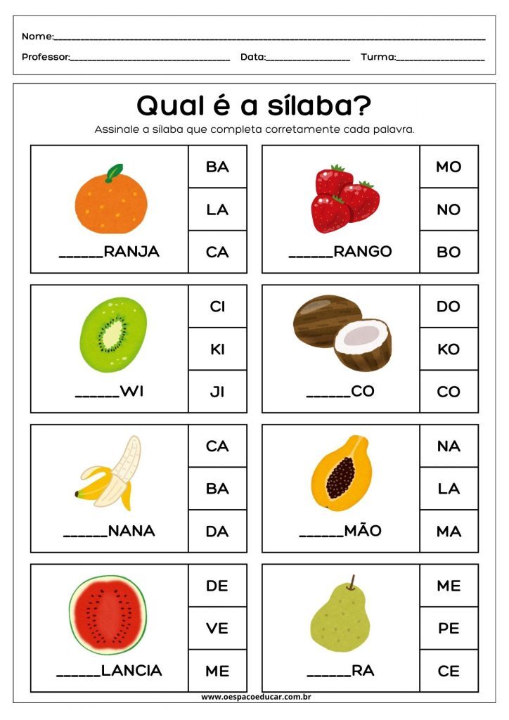 Folha de Atividade Sílaba Inicial tema Frutas Lúdico Petro e Branco